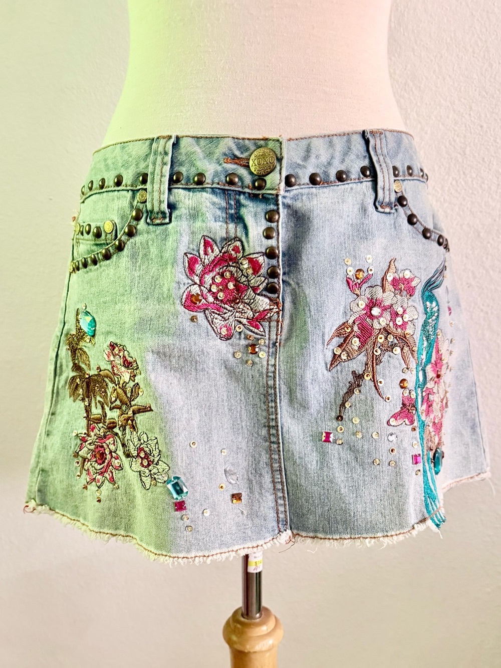 XOXO  Denim Mini Frayed Hem Skirt with Floral Embroidery  & Metal  Studs